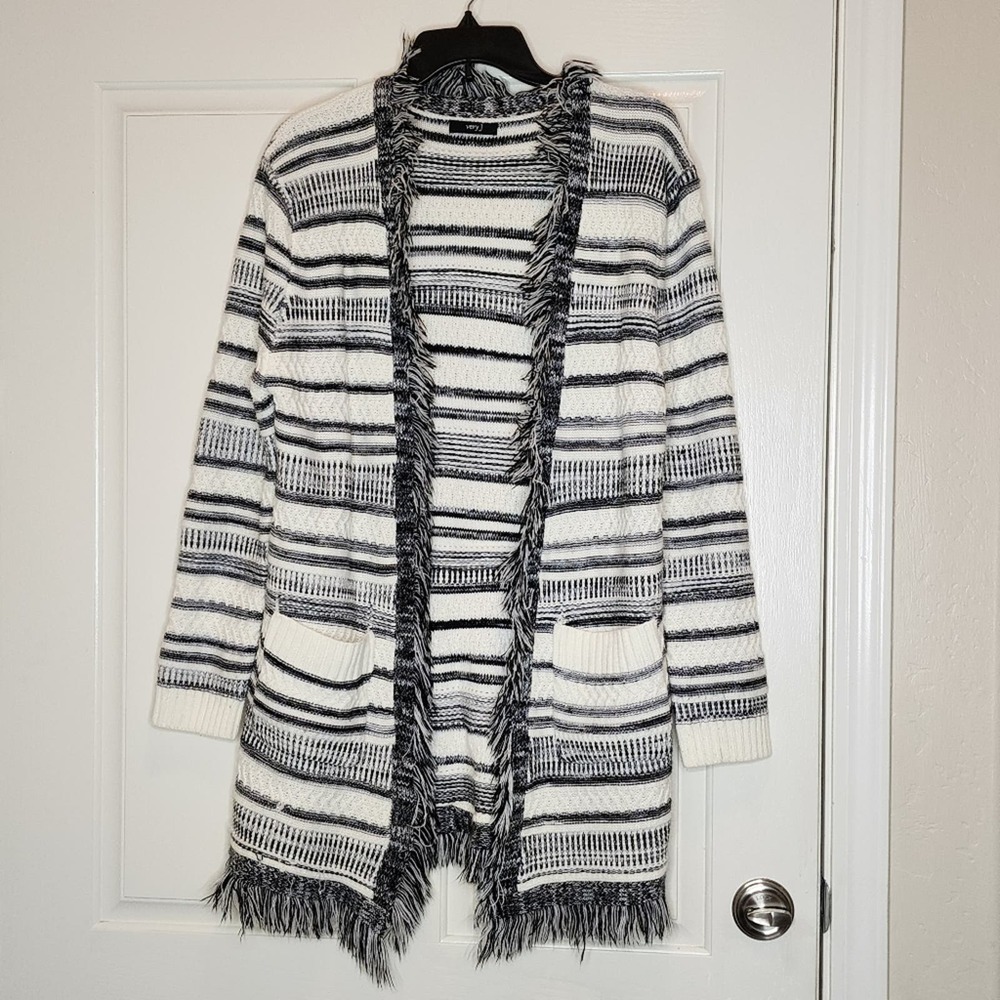 Very J open front fringe striped cardigan, gray and white, size small